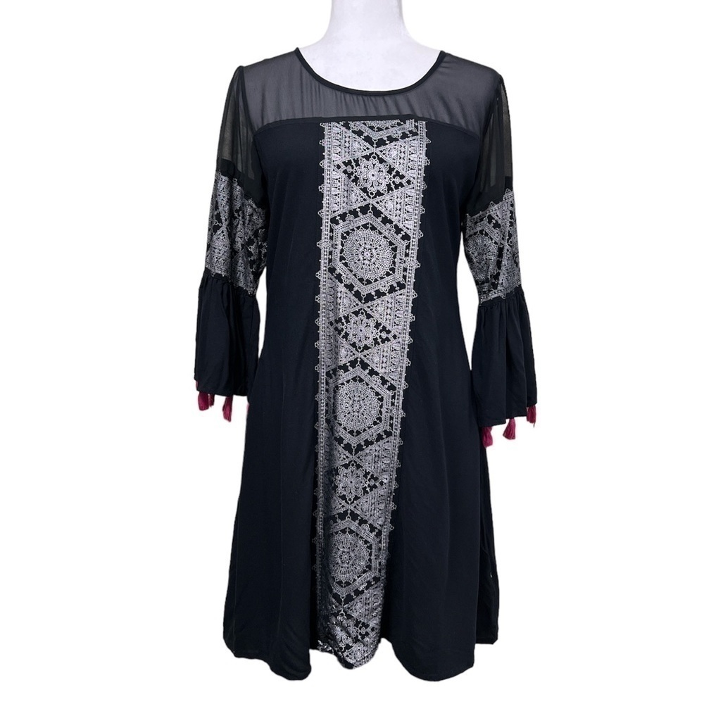 Akkriti Black Boho Bell Sleeve Tassels Dress Viscose